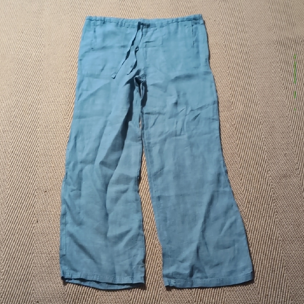 Vivienne Tam Blue Linen Drawstring Wide Leg Pants Sz Medium